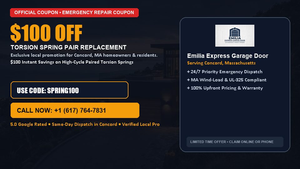 $100 OFF Dual High-Cycle Torsion Spring Replacement in Concord, MA - Emilia Express Garage Door