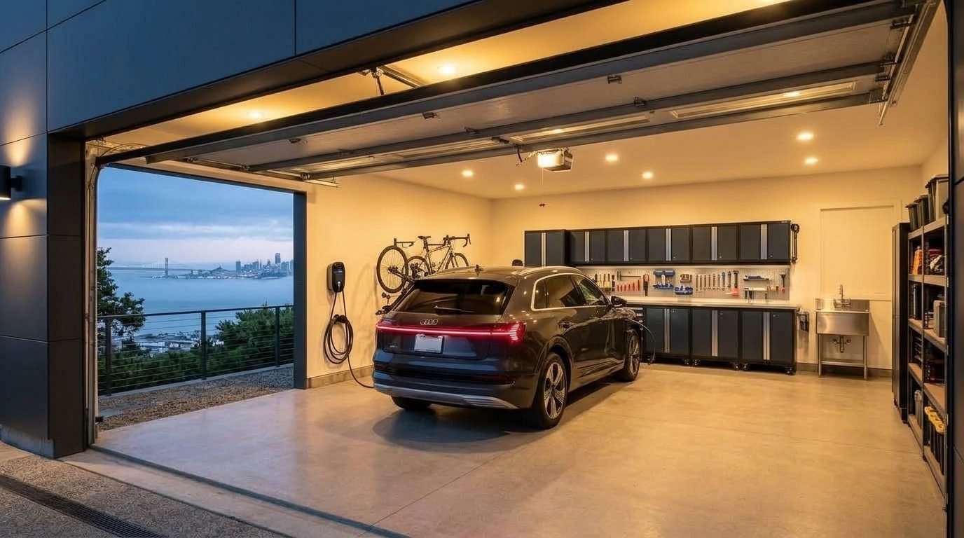 Emilia Express Garage Door Interior View of Custom Garage Door Overhead and Workshop
